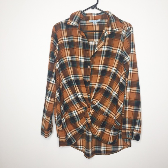 She and Sky Tops - She + Sky plaid top brown teal medium CUTE!